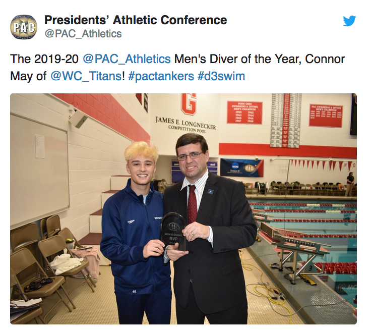 The 2019-20 @PAC_Athletics Men's Diver of the Year, Connor May of @WC_Titans! #pactankers #d3swim